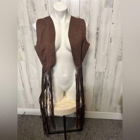 Ashro Brown Fringe Vest Boho Faux Suede Western Style Women’s Size 14 - Picture 1 of 5